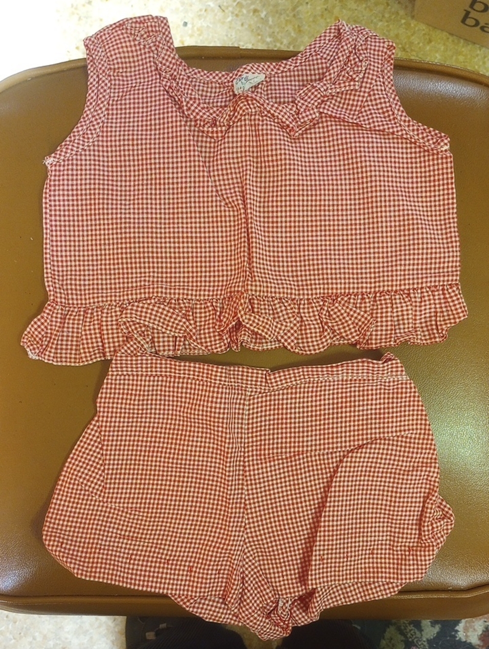 Editex Vintage Retro Ruffled Red & White Gingham Summer Top & Shorts, Sz 2T